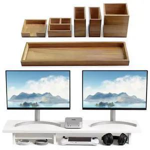 Wood Vanity Tray and Bamboo Dual Monitor Stand Riser White Wood Vanity Tray and Bamboo Dual Monitor Stand Riser White