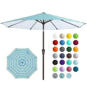 9FT Outdoor Patio Umbrella Outdoor Table Umbrella with Push Button Tilt and Crank, Market Umbrella 8 Sturdy Ribs UV Protection Waterproof for Garden, Deck, Backyard, Pool (Blue Green Stripe) 9FT Outdoor Patio Umbrella Outdoor Table Umbrella with Push Button Tilt and Crank, Market Umbrella 8 Sturdy Ribs UV Protection Waterproof for Garden, Deck, Backyard, Pool (Blue Green Stripe)