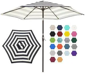 7.5FT Patio Umbrella Outdoor Market Umbrella with 6 Sturdy Ribs, Push Button Tilt/Crank Table Umbrella for Garden, Deck, Backyard and Pool, Beige & Black Stripe 7.5FT Patio Umbrella Outdoor Market Umbrella with 6 Sturdy Ribs, Push Button Tilt/Crank Table Umbrella for Garden, Deck, Backyard and Pool, Beige & Black Stripe