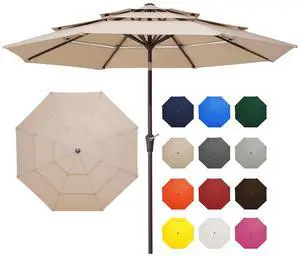 9FT 3 Tier Patio Umbrella Outdoor Market Umbrella Table Umbrellas with 8 Ribs 1.5 Pole Push Button Tilt and Crank UV Protection for Garden,Beige 9FT 3 Tier Patio Umbrella Outdoor Market Umbrella Table Umbrellas with 8 Ribs 1.5 Pole Push Button Tilt and Crank UV Protection for Garden,Beige