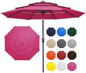 9FT 3 Tier Patio Umbrella Outdoor Market Umbrella Table Umbrellas with 8 Ribs 1.5 Pole Push Button Tilt and Crank UV Protection for Garden,Backyard,Pink 9FT 3 Tier Patio Umbrella Outdoor Market Umbrella Table Umbrellas with 8 Ribs 1.5 Pole Push Button Tilt and Crank UV Protection for Garden,Backyard,Pink