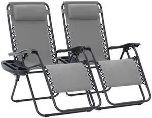 Zero Gravity Lounge Chairs Set of 2, Adjustable Steel Mesh Recliners with Pillows and Cup Holder Trays for Patio, Garden, Beach, Light Grey Zero Gravity Lounge Chairs Set of 2, Adjustable Steel Mesh Recliners with Pillows and Cup Holder Trays for Patio, Garden, Beach, Light Grey