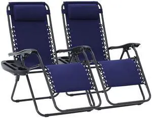 Zero Gravity Lounge Chairs Set of 2, Adjustable Steel Mesh Recliners with Pillows and Cup Holder Trays for Patio, Garden, Beach, Navy Blue Zero Gravity Lounge Chairs Set of 2, Adjustable Steel Mesh Recliners with Pillows and Cup Holder Trays for Patio, Garden, Beach, Navy Blue