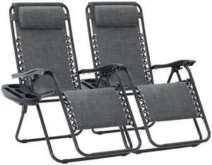 Zero Gravity Lounge Chairs Set of 2, Adjustable Steel Mesh Recliners with Pillows and Cup Holder Trays for Patio, Garden, Beach, Dark Grey Zero Gravity Lounge Chairs Set of 2, Adjustable Steel Mesh Recliners with Pillows and Cup Holder Trays for Patio, Garden, Beach, Dark Grey