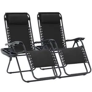 Zero Gravity Lounge Chairs Set of 2, Adjustable Steel Mesh Recliners with Pillows and Cup Holder Trays for Patio, Garden, Beach, Black Zero Gravity Lounge Chairs Set of 2, Adjustable Steel Mesh Recliners with Pillows and Cup Holder Trays for Patio, Garden, Beach, Black