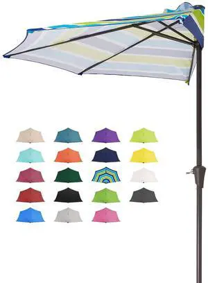 9ft Half Umbrella Outdoor Patio Umbrella Market Umbrellas with Crank, 1/2 Round Wall Umbrella 5 Sturdy Ribs UV Protection for Pool Garden Balcony Deck, Blue & Green Strip 9ft Half Umbrella Outdoor Patio Umbrella Market Umbrellas with Crank, 1/2 Round Wall Umbrella 5 Sturdy Ribs UV Protection for Pool Garden Balcony Deck, Blue & Green Strip