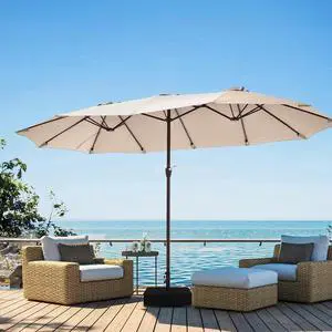 15ft Large Patio Umbrella with Base, Outdoor Rectangle Umbrella Double-Sided Market Umbrella with Stand for Pool, Deck, Backyard and Garden, Beige 15ft Large Patio Umbrella with Base, Outdoor Rectangle Umbrella Double-Sided Market Umbrella with Stand for Pool, Deck, Backyard and Garden, Beige