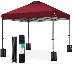 10x10 ft Pop Up Canopy Tent, Heavy Duty Outdoor Canopy with 1-Push Instant Setup, Commercial Tent with Roller Bag, 4 Sandbags and 8 Stakes, Water-Resistant, Red 10x10 ft Pop Up Canopy Tent, Heavy Duty Outdoor Canopy with 1-Push Instant Setup, Commercial Tent with Roller Bag, 4 Sandbags and 8 Stakes, Water-Resistant, Red