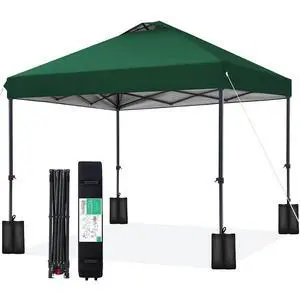 10x10 ft Pop Up Canopy Tent, Heavy Duty Outdoor Canopy with 1-Push Instant Setup, Commercial Tent with Roller Bag, 4 Sandbags and 8 Stakes, Water-Resistant Dark-Green 10x10 ft Pop Up Canopy Tent, Heavy Duty Outdoor Canopy with 1-Push Instant Setup, Commercial Tent with Roller Bag, 4 Sandbags and 8 Stakes, Water-Resistant Dark-Green
