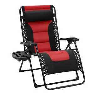 Oversized Padded Zero Gravity Chairs, Folding Lounge Chair Outdoor Patio Recliner, Anti Gravity Chair for Backyard with Headrest, Cup Holder, Side Tray, Polyester Mesh - Black/Red Oversized Padded Zero Gravity Chairs, Folding Lounge Chair Outdoor Patio Recliner, Anti Gravity Chair for Backyard with Headrest, Cup Holder, Side Tray, Polyester Mesh - Black/Red