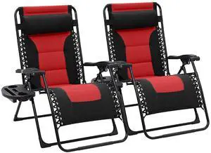 Oversized Padded Zero Gravity Chairs Set of 2, Folding Lounge Chair Outdoor Patio Recliner, Anti Gravity Chair for Backyard with Headrest, Cup Holder, Side Tray, Polyester Mesh - Black/Red Oversized Padded Zero Gravity Chairs Set of 2, Folding Lounge Chair Outdoor Patio Recliner, Anti Gravity Chair for Backyard with Headrest, Cup Holder, Side Tray, Polyester Mesh - Black/Red