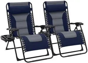 Oversized Padded Zero Gravity Chairs Set of 2, Folding Lounge Chair Outdoor Patio Recliner, Anti Gravity Chair for Backyard with Headrest, Cup Holder, Side Tray, Polyester Mesh - Navy/Gray Oversized Padded Zero Gravity Chairs Set of 2, Folding Lounge Chair Outdoor Patio Recliner, Anti Gravity Chair for Backyard with Headrest, Cup Holder, Side Tray, Polyester Mesh - Navy/Gray