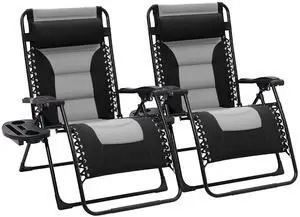 Oversized Padded Zero Gravity Chairs Set of 2, Folding Lounge Chair Outdoor Patio Recliner, Anti Gravity Chair for Backyard with Headrest, Cup Holder, Side Tray, Polyester Mesh - Black/Gray Oversized Padded Zero Gravity Chairs Set of 2, Folding Lounge Chair Outdoor Patio Recliner, Anti Gravity Chair for Backyard with Headrest, Cup Holder, Side Tray, Polyester Mesh - Black/Gray