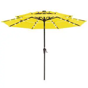 3 Tiers Patio Umbrella with Solar Lights 9ft Outdoor Market Table Umbrellas with Push Button Tilt for Outside Pool Garden, Yellow 3 Tiers Patio Umbrella with Solar Lights 9ft Outdoor Market Table Umbrellas with Push Button Tilt for Outside Pool Garden, Yellow
