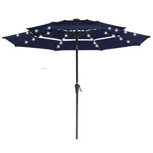 3 Tiers Patio Umbrella with Solar Lights 9ft Outdoor Market Table Umbrellas with Push Button Tilt for Outside Pool Garden, Navy Blue 3 Tiers Patio Umbrella with Solar Lights 9ft Outdoor Market Table Umbrellas with Push Button Tilt for Outside Pool Garden, Navy Blue