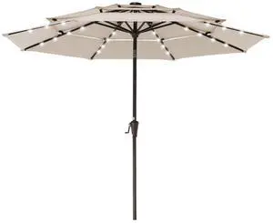3 Tiers Patio Umbrella with Solar Lights 9ft Outdoor Market Table Umbrellas with Push Button Tilt for Outside Pool Garden, Tan 3 Tiers Patio Umbrella with Solar Lights 9ft Outdoor Market Table Umbrellas with Push Button Tilt for Outside Pool Garden, Tan