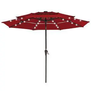 3 Tiers Patio Umbrella with Solar Lights 9ft Outdoor Market Table Umbrellas with Push Button Tilt for Outside Pool Garden, Red 3 Tiers Patio Umbrella with Solar Lights 9ft Outdoor Market Table Umbrellas with Push Button Tilt for Outside Pool Garden, Red