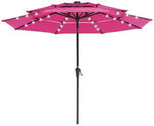 3 Tiers Patio Umbrella with Solar Lights 9ft Outdoor Market Table Umbrellas with Push Button Tilt for Outside Pool Garden, Pink 3 Tiers Patio Umbrella with Solar Lights 9ft Outdoor Market Table Umbrellas with Push Button Tilt for Outside Pool Garden, Pink
