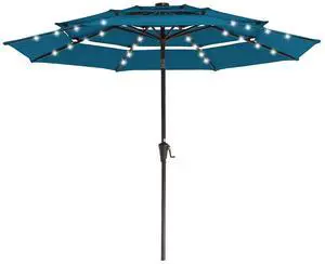 3 Tiers Patio Umbrella with Solar Lights 9ft Outdoor Market Table Umbrellas with Push Button Tilt for Outside Pool Garden, Lake Blue 3 Tiers Patio Umbrella with Solar Lights 9ft Outdoor Market Table Umbrellas with Push Button Tilt for Outside Pool Garden, Lake Blue
