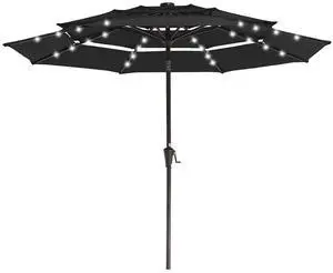 3 Tiers Patio Umbrella with Solar Lights 9ft Outdoor Market Table Umbrellas with Push Button Tilt for Outside Pool Garden, Black 3 Tiers Patio Umbrella with Solar Lights 9ft Outdoor Market Table Umbrellas with Push Button Tilt for Outside Pool Garden, Black