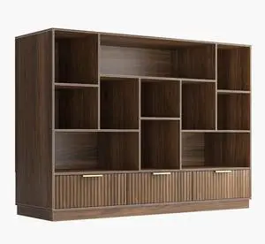 Bookshelf with Drawers, Fluted Wooden Bookcase with Storage, Wide Book Shelf for Home Office, Floor Standing Display Storage Shelves, Black Walnut Bookshelf with Drawers, Fluted Wooden Bookcase with Storage, Wide Book Shelf for Home Office, Floor Standing Display Storage Shelves, Black Walnut