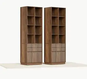 Bookcase with Drawers, Set of 2 Fluted Tall Bookshelf with Doors and 4-Tier Storage Shelves, 73'' Wooden Book Shelf for Home Office, Living Room, Black Walnut Bookcase with Drawers, Set of 2 Fluted Tall Bookshelf with Doors and 4-Tier Storage Shelves, 73'' Wooden Book Shelf for Home Office, Living Room, Black Walnut