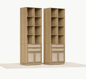 Bookcase with Drawers, Set of 2 Rattan Tall Bookshelf with Doors and 4-Tier Storage Shelves, 73'' Wooden Book Shelf for Home Office, Living Room, Natural Oak Bookcase with Drawers, Set of 2 Rattan Tall Bookshelf with Doors and 4-Tier Storage Shelves, 73'' Wooden Book Shelf for Home Office, Living Room, Natural Oak