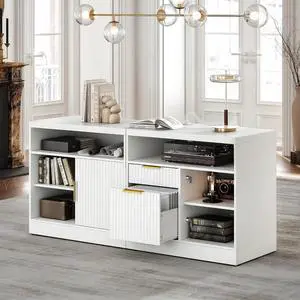 File Cabinet, 63'' Wood Lateral File Cabinet with Lock, Fluted Filing Cabinet for Home Office with AC/USB, Adjustable Storage Shelves, Fits for Letter and A4 Size, White File Cabinet, 63'' Wood Lateral File Cabinet with Lock, Fluted Filing Cabinet for Home Office with AC/USB, Adjustable Storage Shelves, Fits for Letter and A4 Size, White