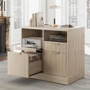 3 Drawer File Cabinet, Fluted Filing Cabinet for Home Office with Charging Station, Wooden Office Cabinet Fits for A4/Letter-Sized Files, Printer Stand with Storage Shelves, Light Oak 3 Drawer File Cabinet, Fluted Filing Cabinet for Home Office with Charging Station, Wooden Office Cabinet Fits for A4/Letter-Sized Files, Printer Stand with Storage Shelves, Light Oak