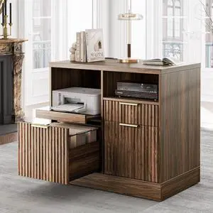3 Drawer File Cabinet, Fluted Wood Lateral Filing Cabinet with Charging Station for Home Office, Fits for A4/Letter-Sized Files, Printer Stand with Open Storage Shelves, Black Walnut 3 Drawer File Cabinet, Fluted Wood Lateral Filing Cabinet with Charging Station for Home Office, Fits for A4/Letter-Sized Files, Printer Stand with Open Storage Shelves, Black Walnut
