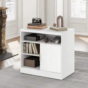 Fluted File Cabinet with Door, 32'' Lateral File Cabinet with Open Adjustable Shelves, Wood Filing Cabinet with Sliding Door for Home Office, White Fluted File Cabinet with Door, 32'' Lateral File Cabinet with Open Adjustable Shelves, Wood Filing Cabinet with Sliding Door for Home Office, White