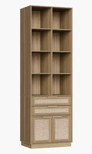 73'' Rattan Bookshelf with Doors and 2 Drawers, Natural Oak | Wood Bookcase with 2 Drawers and Doors, 8 Open Cubes, Adjustable Shelves, Durable Build, Modern Rattan Style 73'' Rattan Bookshelf with Doors and 2 Drawers, Natural Oak | Wood Bookcase with 2 Drawers and Doors, 8 Open Cubes, Adjustable Shelves, Durable Build, Modern Rattan Style