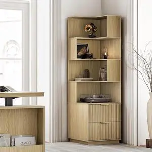 Corner Bookshelf with Drawers, 4 Tier Fluted Corner Bookcase with Storage, 71 Tall Bookcase with Storage Display Rack with Baffles for Home Office and Living Room, Light Walnut Corner Bookshelf with Drawers, 4 Tier Fluted Corner Bookcase with Storage, 71 Tall Bookcase with Storage Display Rack with Baffles for Home Office and Living Room, Light Walnut
