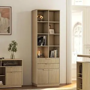 Bookshelf with Drawers, 73 Inches Fluted Tall Bookcase with Doors, Wooden Book Shelf with 4-Tier Storage Shelves for Home Office, Light Walnut Bookshelf with Drawers, 73 Inches Fluted Tall Bookcase with Doors, Wooden Book Shelf with 4-Tier Storage Shelves for Home Office, Light Walnut
