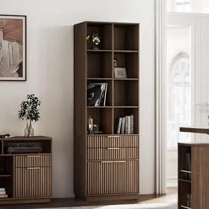 Bookshelf with Drawers and Doors, Fluted Tall Bookcase with 4-Tier Storage Shelves, 73 inch Wooden Book Shelf for Home Office, Black Walnut Bookshelf with Drawers and Doors, Fluted Tall Bookcase with 4-Tier Storage Shelves, 73 inch Wooden Book Shelf for Home Office, Black Walnut