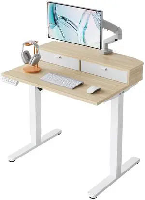 32" X 21" Electric Standing Desk with 2 Drawers, C-Clamp Mount Compatible, Height Adjustable Computer Desk, Home Office Stand Up Desk with 4 Preset Heights & 2 Hooks, Light Walnut 32" X 21" Electric Standing Desk with 2 Drawers, C-Clamp Mount Compatible, Height Adjustable Computer Desk, Home Office Stand Up Desk with 4 Preset Heights & 2 Hooks, Light Walnut