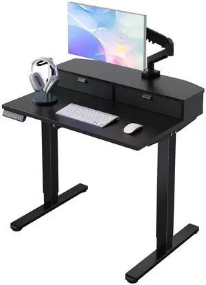 32" X 21" Electric Standing Desk with 2 Drawers, C-Clamp Mount Compatible, Height Adjustable Computer Desk, Home Office Stand Up Desk with 4 Preset Heights & 2 Hooks, Black 32" X 21" Electric Standing Desk with 2 Drawers, C-Clamp Mount Compatible, Height Adjustable Computer Desk, Home Office Stand Up Desk with 4 Preset Heights & 2 Hooks, Black