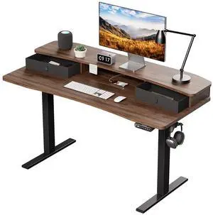 55" x 26" Electric Standing Desk with 2 Drawers, C-Clamp Mount Compatible, Height Adjustable Computer Desk, Home Office Stand Up Desk with 4 Preset Heights & 2 Hooks, Walnut 55" x 26" Electric Standing Desk with 2 Drawers, C-Clamp Mount Compatible, Height Adjustable Computer Desk, Home Office Stand Up Desk with 4 Preset Heights & 2 Hooks, Walnut