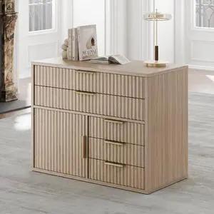Fluted File Cabinet with 5 Drawers, Large Storage with Cabinet Door, Mobile Filing Cabinet with Locable Wheels for Home Office, Natural Oak Fluted File Cabinet with 5 Drawers, Large Storage with Cabinet Door, Mobile Filing Cabinet with Locable Wheels for Home Office, Natural Oak