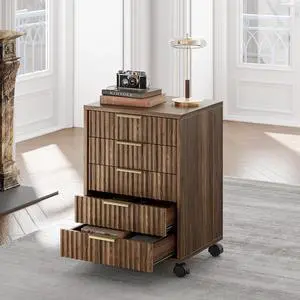 5 Drawer Chest, Under Desk Storage Wood Drawers with Wheels, Fluted File Cabinet for Home Office, Black Walnut 5 Drawer Chest, Under Desk Storage Wood Drawers with Wheels, Fluted File Cabinet for Home Office, Black Walnut