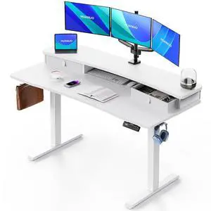 55 x 26 Electric Standing Desk with 2 Drawers, C-Clamp Mount Compatible, Height Adjustable Computer Desk, Home Office Stand Up Desk with 4 Preset Heights & 2 Hooks, White 55 x 26 Electric Standing Desk with 2 Drawers, C-Clamp Mount Compatible, Height Adjustable Computer Desk, Home Office Stand Up Desk with 4 Preset Heights & 2 Hooks, White