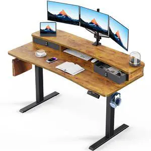 55 x 26 Electric Standing Desk with 2 Drawers, C-Clamp Mount Compatible, Height Adjustable Computer Desk, Home Office Stand Up Desk with 4 Preset Heights & 2 Hooks, Vintage Brown 55 x 26 Electric Standing Desk with 2 Drawers, C-Clamp Mount Compatible, Height Adjustable Computer Desk, Home Office Stand Up Desk with 4 Preset Heights & 2 Hooks, Vintage Brown