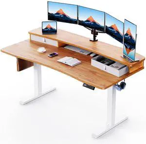 60 x 30 Electric Standing Desk with 2 Drawers, C-Clamp Mount Compatible, Height Adjustable Computer Desk, Home Office Stand Up Desk with 4 Preset Heights & 2 Hooks, Light Vintage 60 x 30 Electric Standing Desk with 2 Drawers, C-Clamp Mount Compatible, Height Adjustable Computer Desk, Home Office Stand Up Desk with 4 Preset Heights & 2 Hooks, Light Vintage
