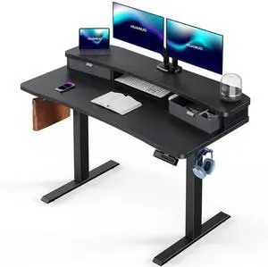 48 x 28 Electric Standing Desk with 2 Drawers, C-Clamp Mount Compatible, Height Adjustable Computer Desk, Home Office Stand Up Desk with 4 Preset Heights & 2 Hooks, Black 48 x 28 Electric Standing Desk with 2 Drawers, C-Clamp Mount Compatible, Height Adjustable Computer Desk, Home Office Stand Up Desk with 4 Preset Heights & 2 Hooks, Black
