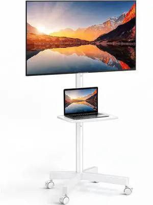 Rolling White TV Stand for 2365 Inch TVs up to 99 lbs, Portable TV Stand on Wheels with Height Adjustable Shelf, Outdoor Mobile White TV Cart for Bedroom, Max VESA 400x400mm, PSTVMC04W Rolling White TV Stand for 2365 Inch TVs up to 99 lbs, Portable TV Stand on Wheels with Height Adjustable Shelf, Outdoor Mobile White TV Cart for Bedroom, Max VESA 400x400mm, PSTVMC04W