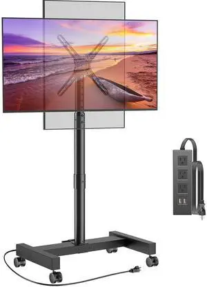 Rolling TV Stand with Power Outlet, Tilt & Rotation TV Cart - Ideal for 26-50 Inch TVs up to 55 lbs, Featuring 8 Height Settings, Max VESA 300x300mm, PGTVMC19 Rolling TV Stand with Power Outlet, Tilt & Rotation TV Cart - Ideal for 26-50 Inch TVs up to 55 lbs, Featuring 8 Height Settings, Max VESA 300x300mm, PGTVMC19