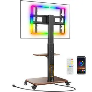Rolling TV Stand for 32-77TVs with LED Lights and Power Outlet | Up to 110 lbs,16M colors, ±30° swivel ±8° tilt, 3 AC + 2 USB ports, 6.5ft cable, fits 32-77" TVs,wood base, mobile TV stand Rolling TV Stand for 32-77TVs with LED Lights and Power Outlet | Up to 110 lbs,16M colors, ±30° swivel ±8° tilt, 3 AC + 2 USB ports, 6.5ft cable, fits 32-77" TVs,wood base, mobile TV stand