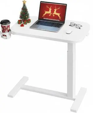 28Inch Bedside Table with Wheels, Height-Adjustable Rolling Computer Cart, Overbed Table with Cup Holder, Pneumatic Laptop Standing Desk for Home Office, White 28Inch Bedside Table with Wheels, Height-Adjustable Rolling Computer Cart, Overbed Table with Cup Holder, Pneumatic Laptop Standing Desk for Home Office, White