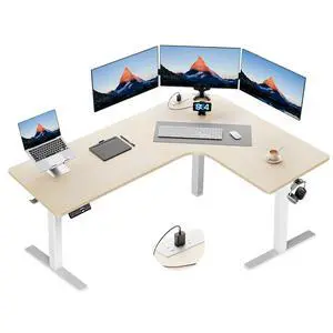 63 L-Shaped Standing Desk, Built-in Power Outlets, Electric Height Adjustable Corner Computer Desk, Large Power Strip Holder, Sit Stand Up Desk with 3 Preset Heights, Natural Wood 63 L-Shaped Standing Desk, Built-in Power Outlets, Electric Height Adjustable Corner Computer Desk, Large Power Strip Holder, Sit Stand Up Desk with 3 Preset Heights, Natural Wood
