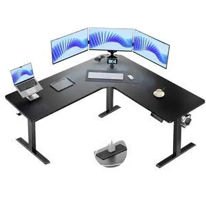 Electric L Shaped Standing Desk, 63" x 63" Height Adjustable Corner Standing Desk with Built-in Power Outlets & Power Strip Holder, Sit Stand Up Table with 4 Preset Heights, Black Electric L Shaped Standing Desk, 63" x 63" Height Adjustable Corner Standing Desk with Built-in Power Outlets & Power Strip Holder, Sit Stand Up Table with 4 Preset Heights, Black